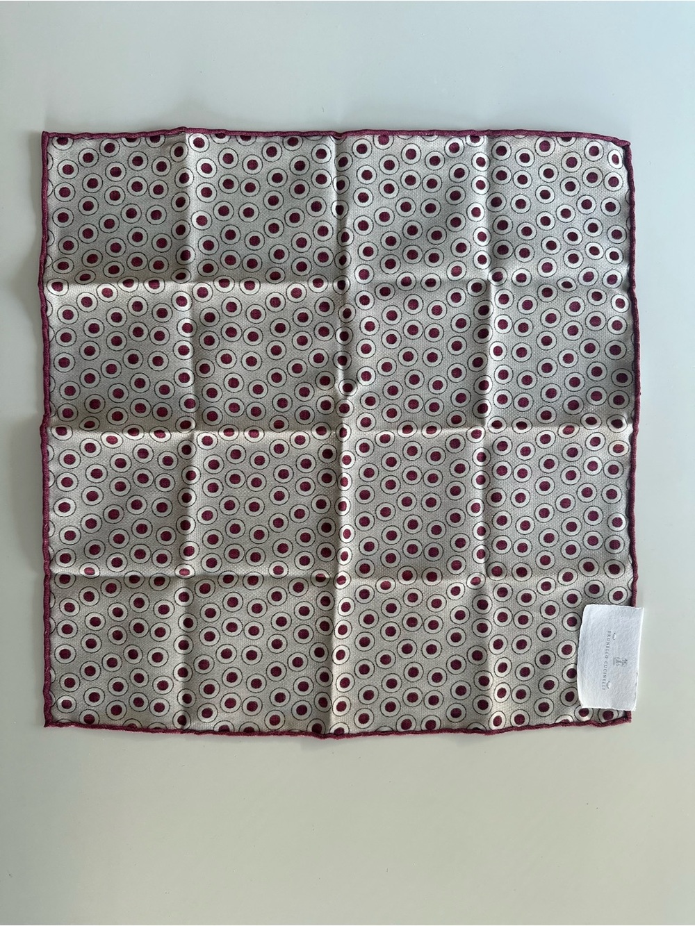 Brunello Cucinelli Silk Pocket Square with Burgundy Dot Motif